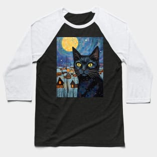 Black Cat Christmas Starry Night Baseball T-Shirt